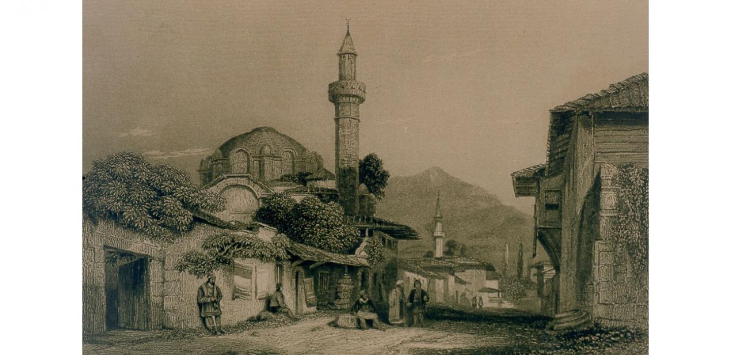 Η εκκλησία του Παντοκράτορα ως τζαμί επί Τουρκοκρατίας. (Χαρακτικό E.Finden). Δημοτική Βιβλιοθήκη Πατρέων.